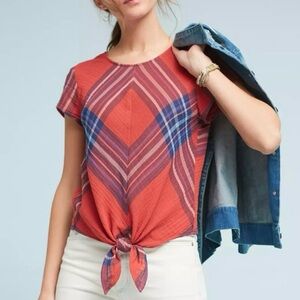 Anthropologie Cloth & Stone Plaid Tie Front Blouse Size Small